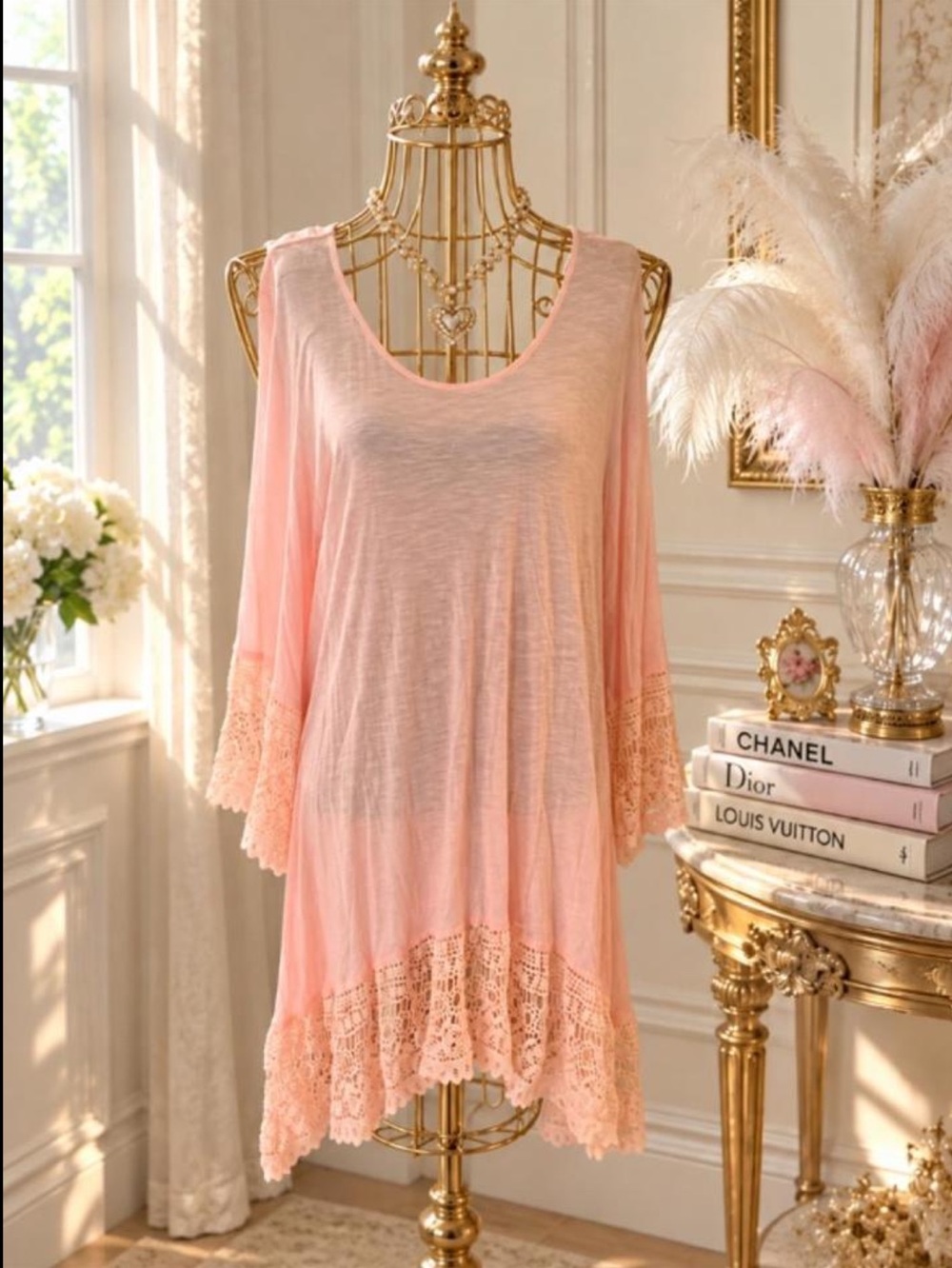 Women’s Peach Crochet Hem Tunic Top